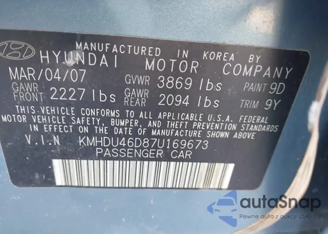 2007 Hyundai Elantra Gls/Limited/Se from USA, damaged, VIN KMHDU46D87U169673